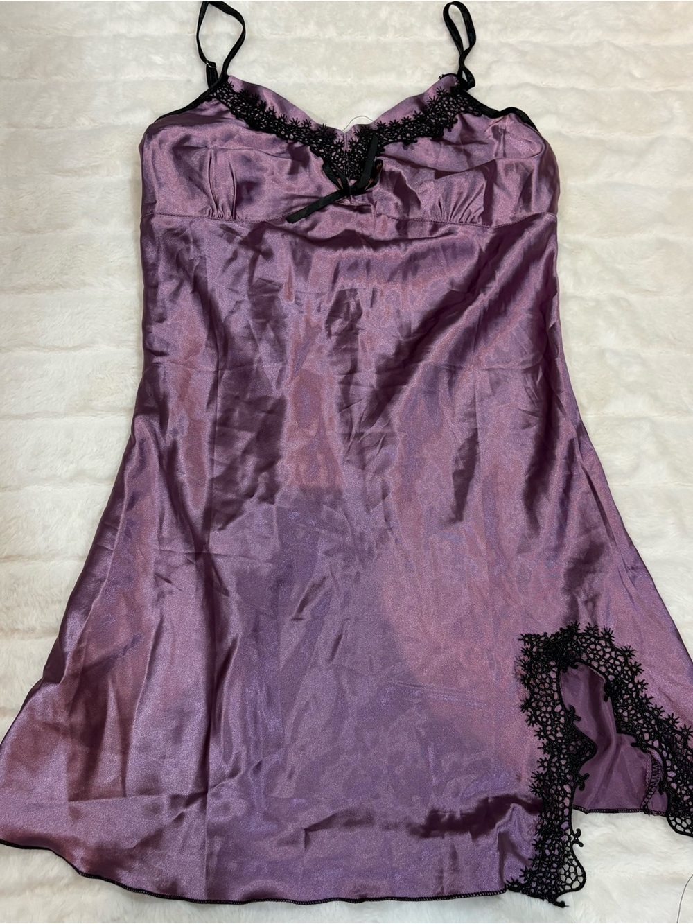 Victoria's Secret Purple Satin Slip Dress with Black Lace Trim